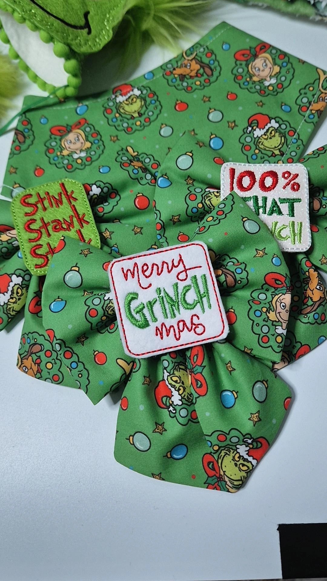 Merry grinchmas embroidered sailor bow