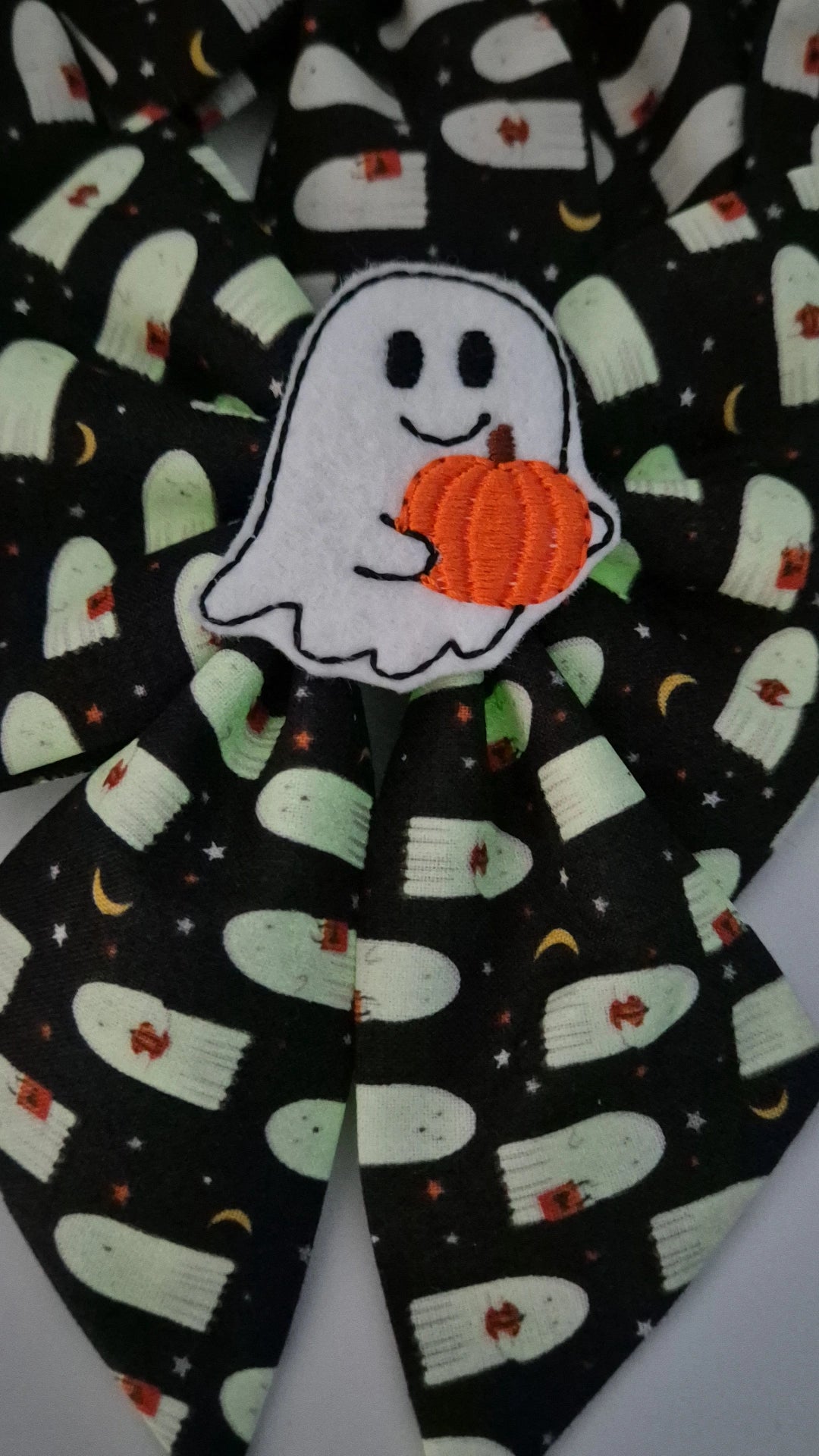 Glow in the dark embroidered pumpkin ghost sailor bow