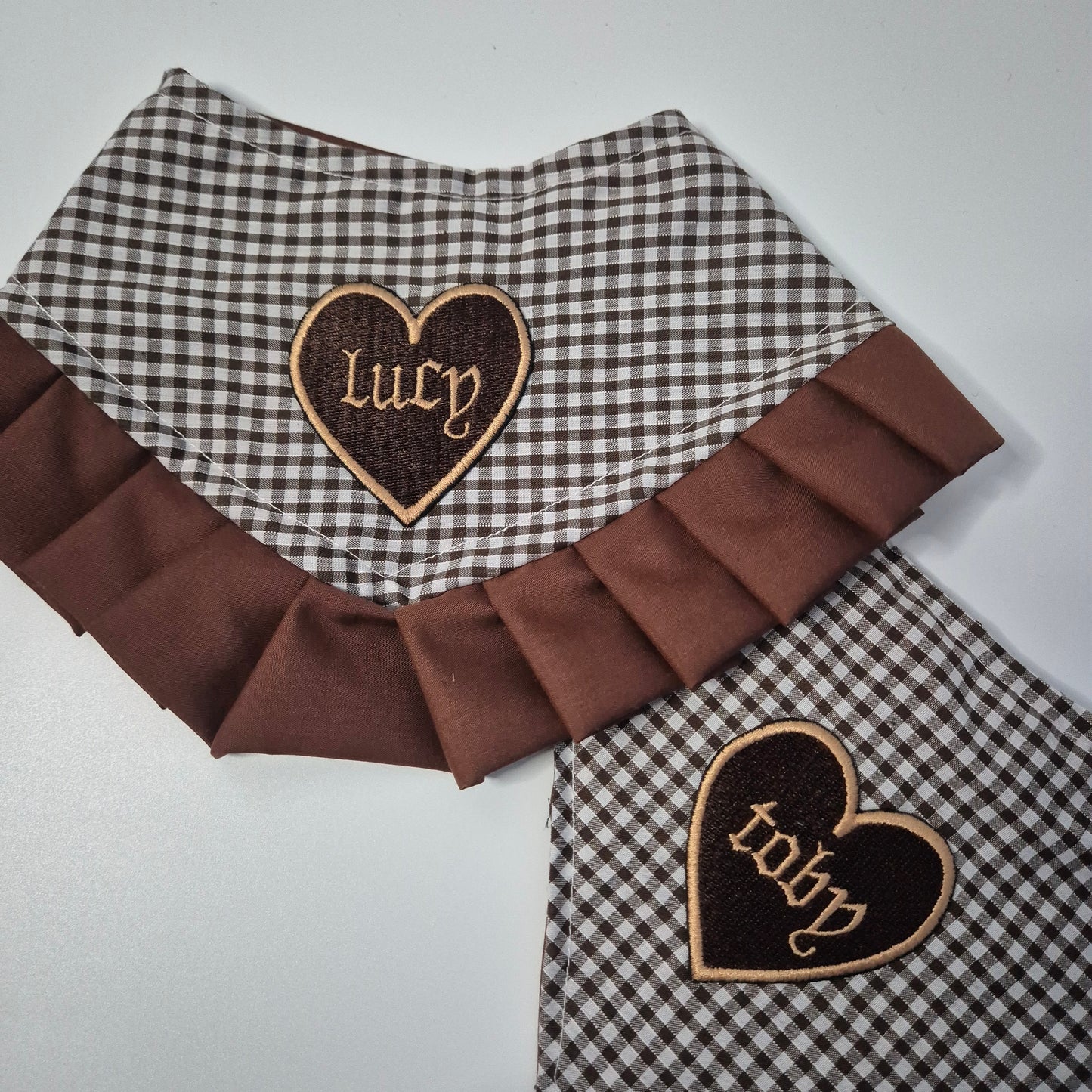 Brown gingham bandana with brown and beige personalised heart