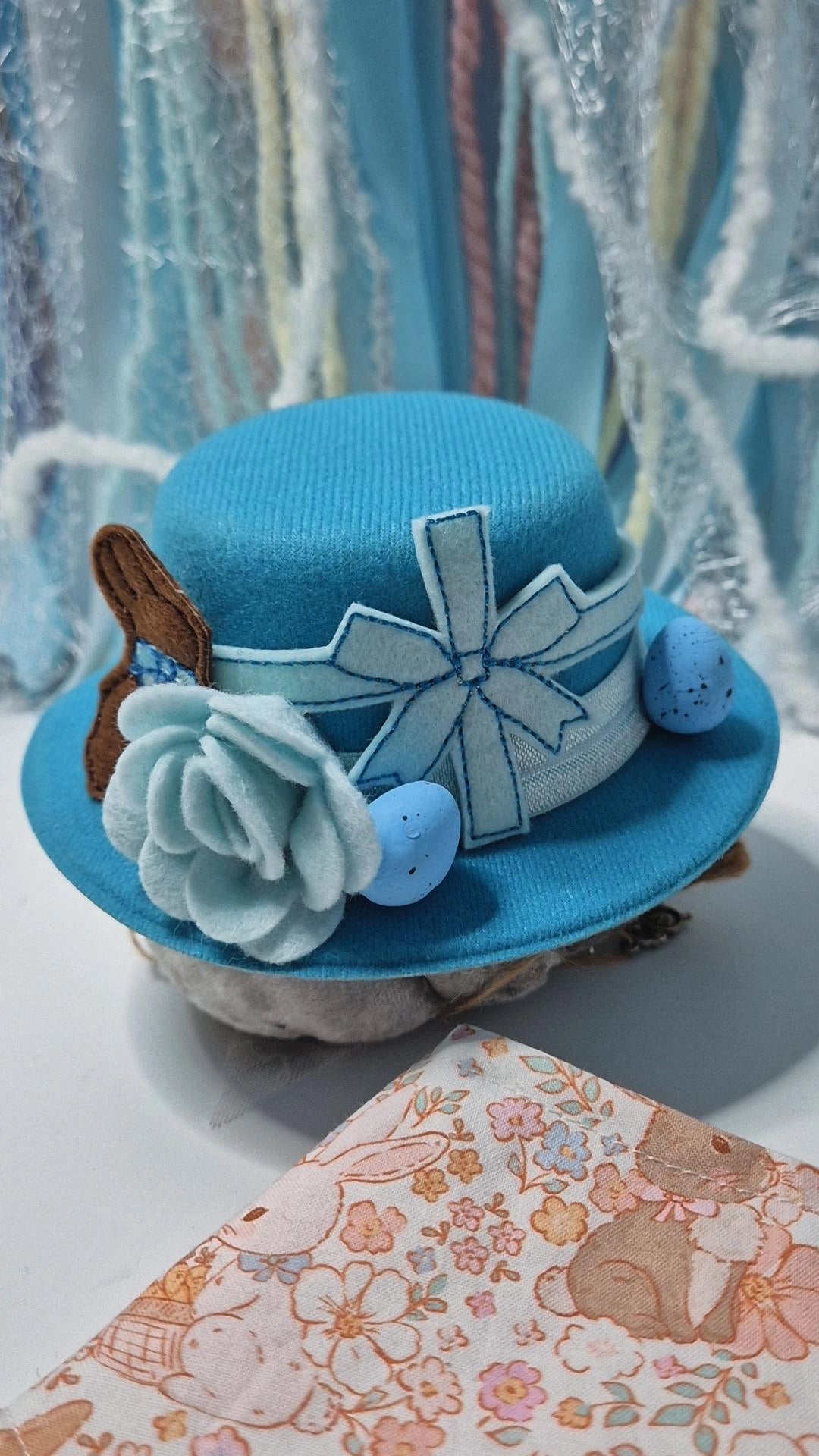 Blue chocolate bunny embroidered bowler (one available)
