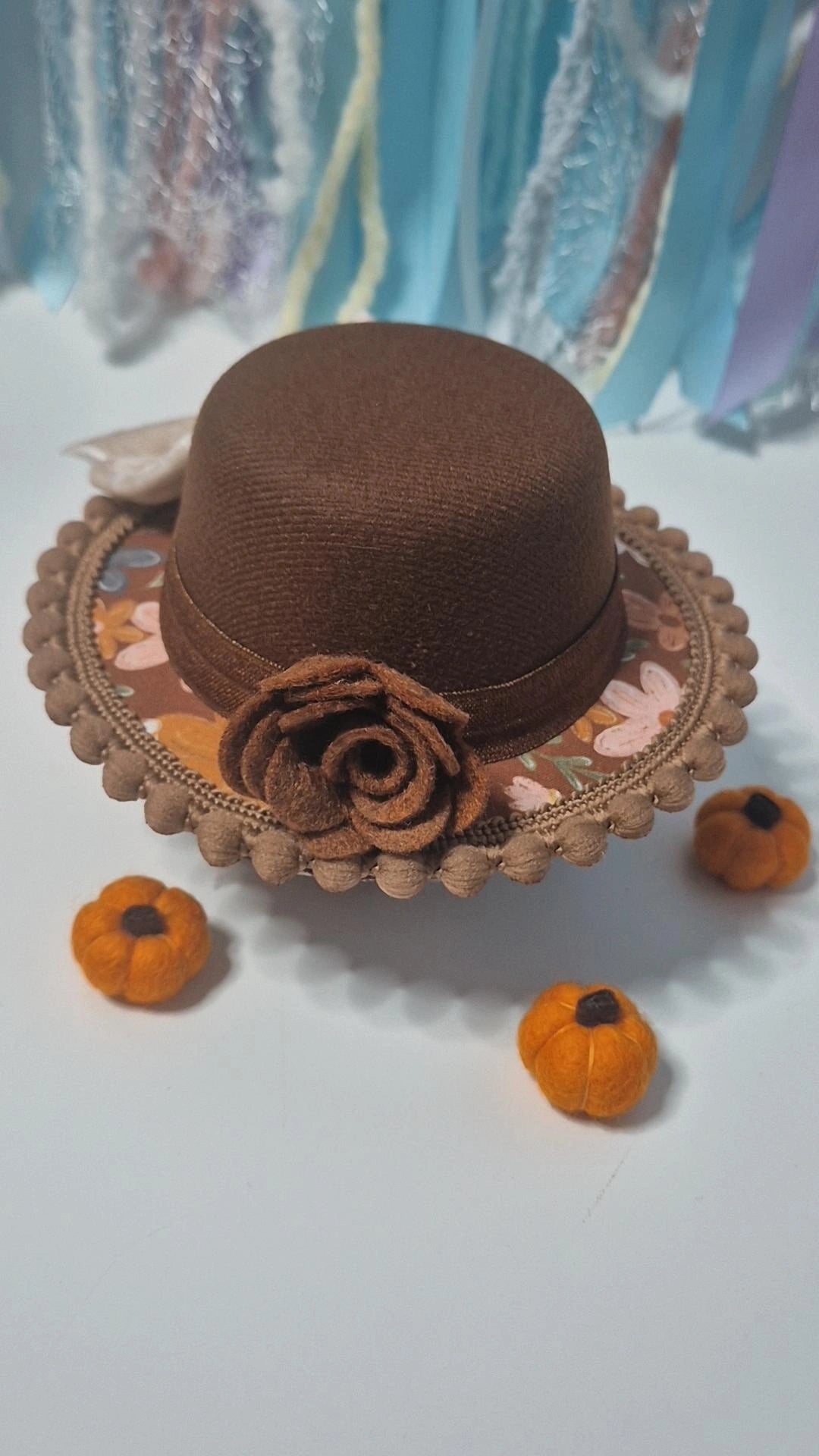 Autumn blooms simple brown flower bowler hat (one available)