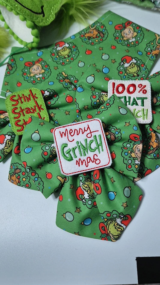 Merry grinchmas embroidered sailor bow
