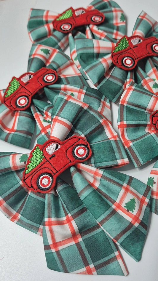 Christmas plaid embroidered truck sailor bow