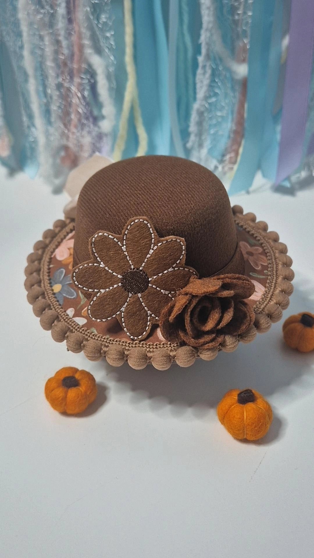 Autumn blooms embroidered bowler hat (one available)