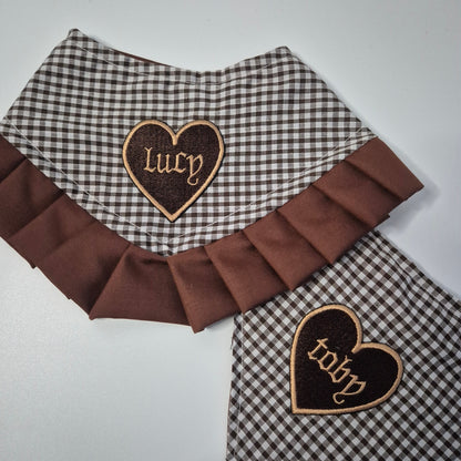 Brown gingham bandana with brown and beige personalised heart