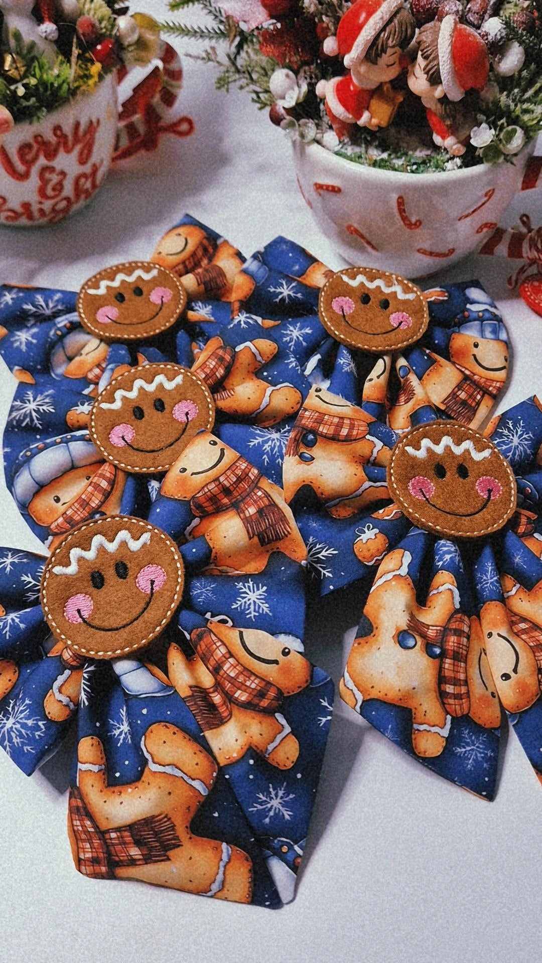 Gingerbread face embroidered sailor bow